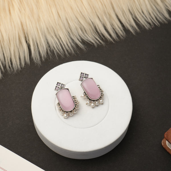 Pink Stone Silver Plated Pearl Studs