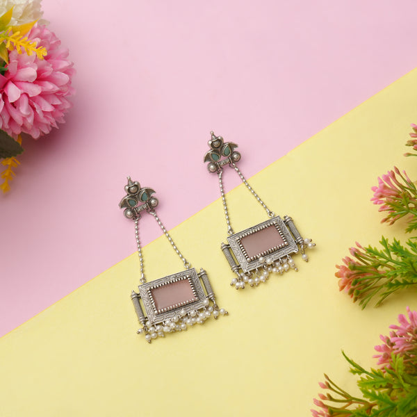 silver pink long drop earrings