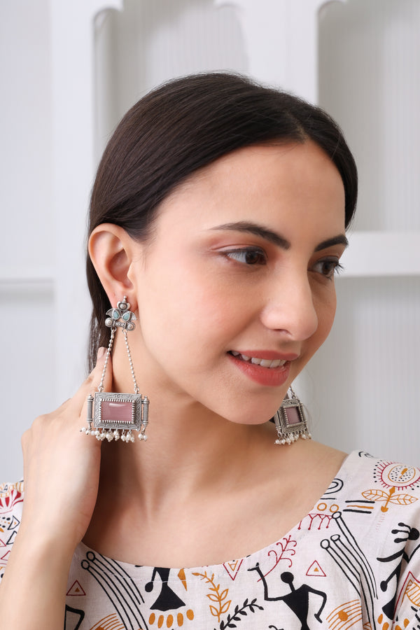 silver pink long drop earrings