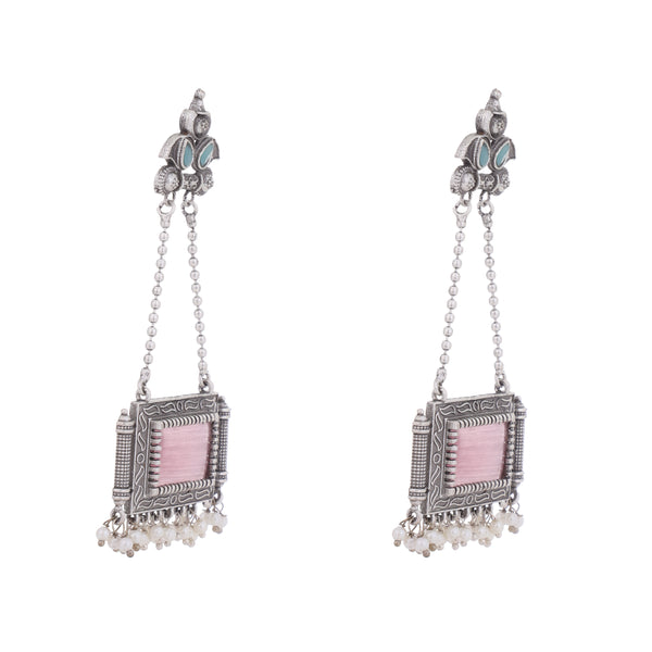 silver pink long drop earrings