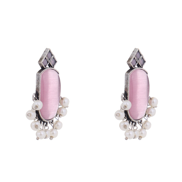 Pink Stone Silver Plated Pearl Studs