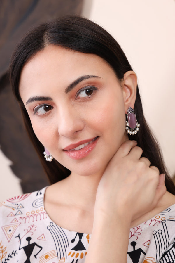 Pink Stone Silver Plated Pearl Studs