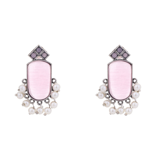 Pink Stone Silver Plated Pearl Studs